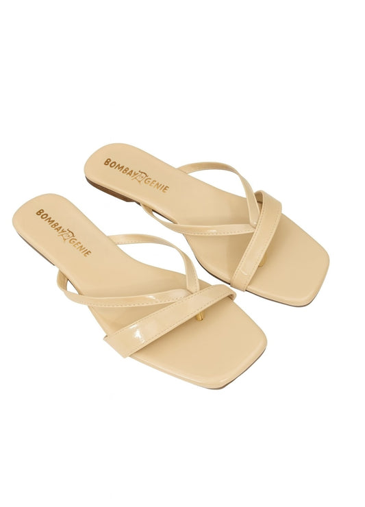 Beige Glossy Strap Square Toe Flats for Women