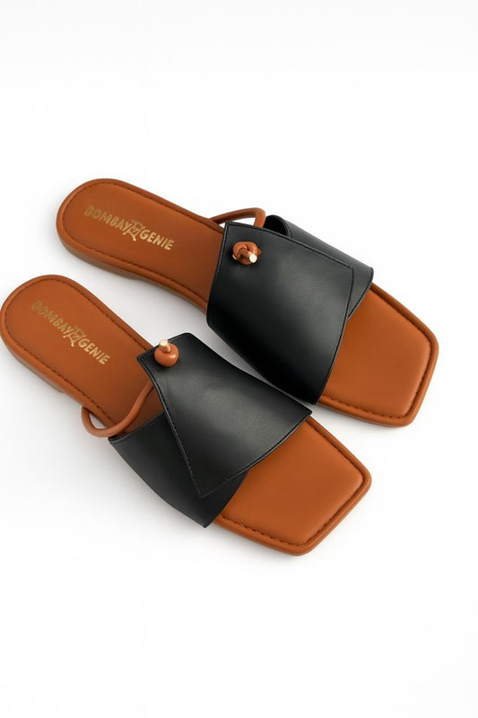 Black & Tan Dual Tone Strap Flats for Women