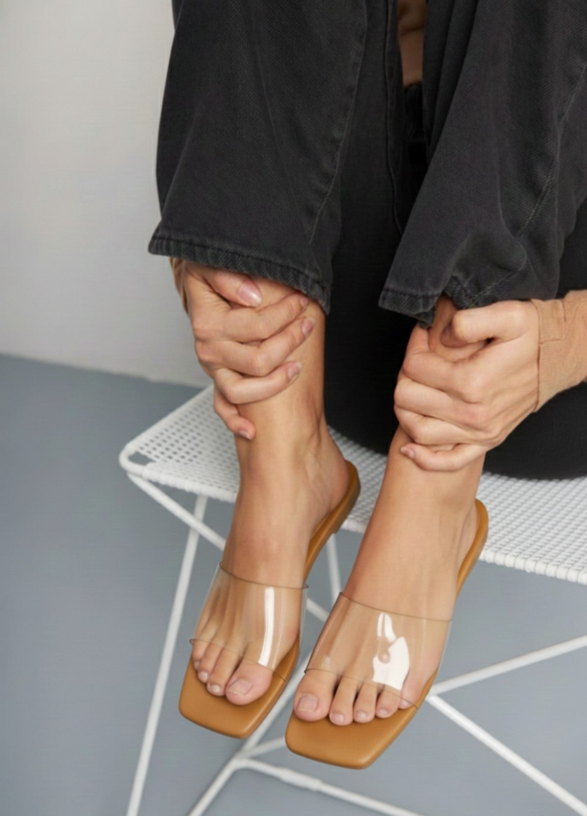 Transparent Strap Square Open Toe Flats for Women