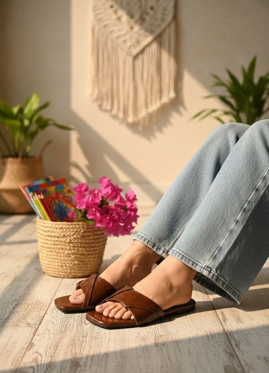 Brown Croc-Textured Slip-On Flats