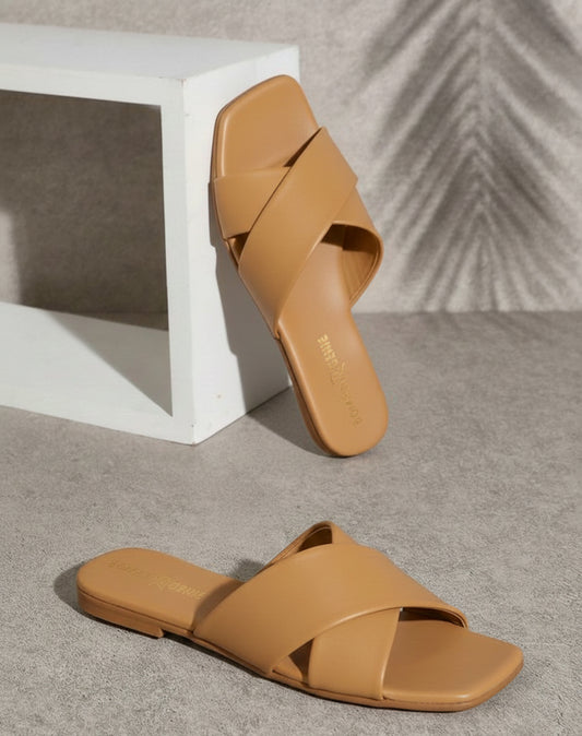 Tan Cross Strap Slip-On Flats