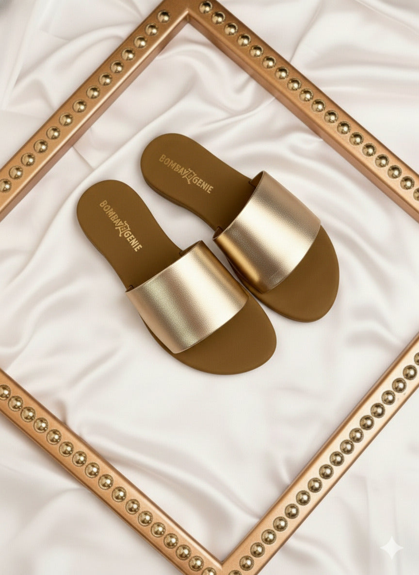 Golden Wide Strap Flats