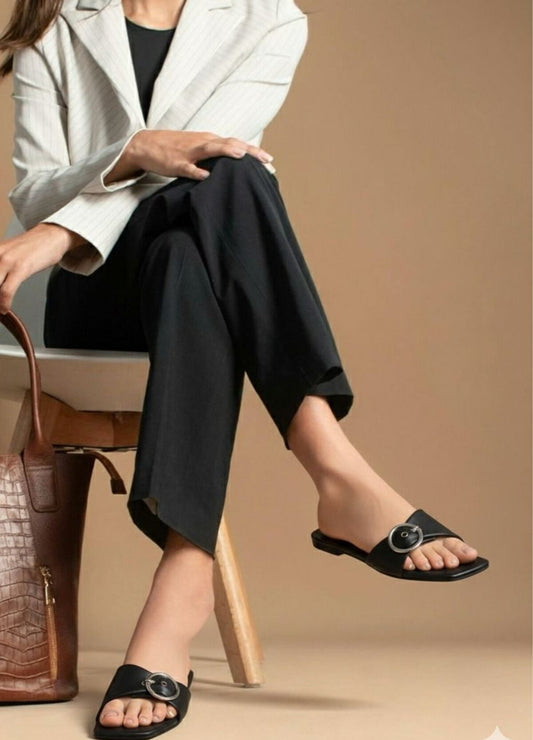 Black Ring Buckle Slides for Women