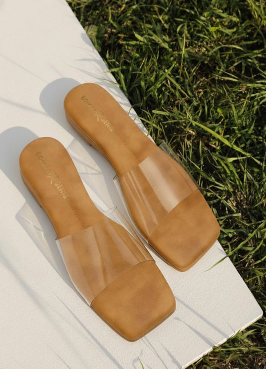 Transparent Strap Square Open Toe Flats for Women