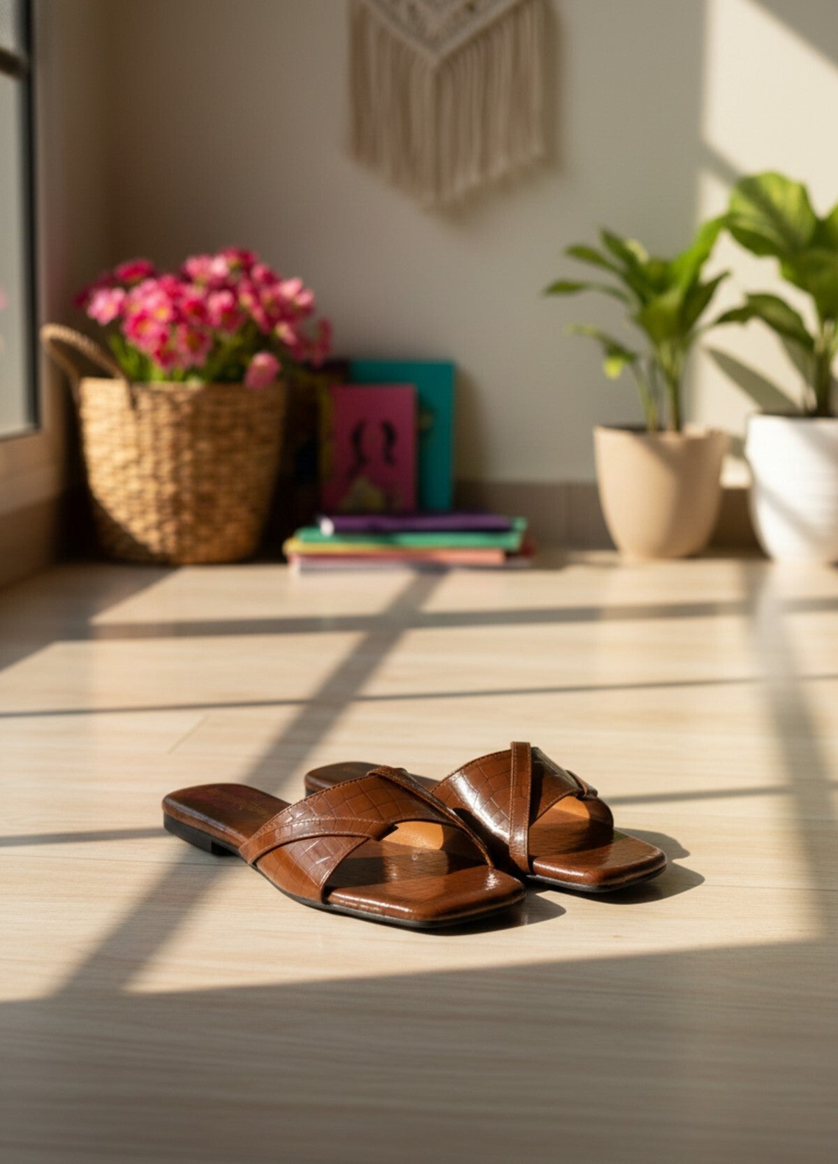 Brown Croc-Textured Slip-On Flats