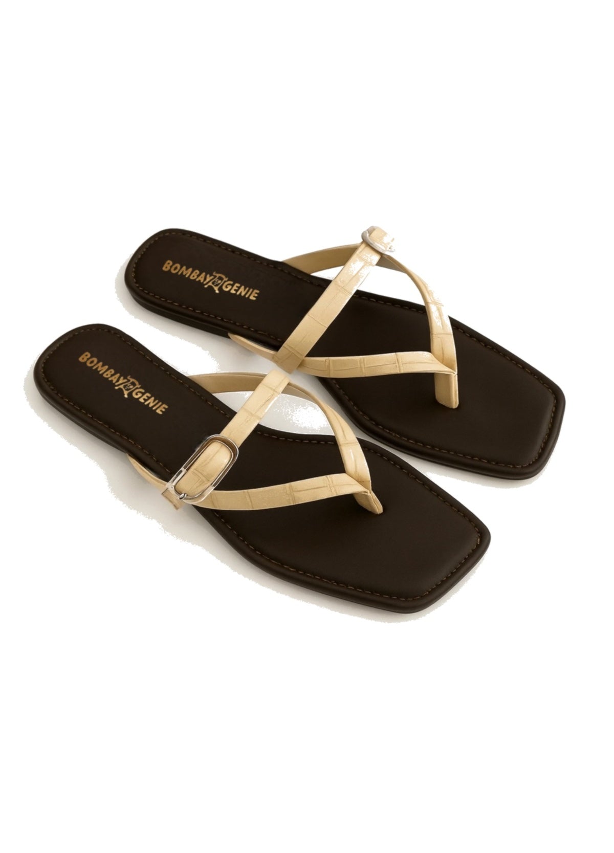 Beige Strappy Flat Sandals for Women Buckle Detail