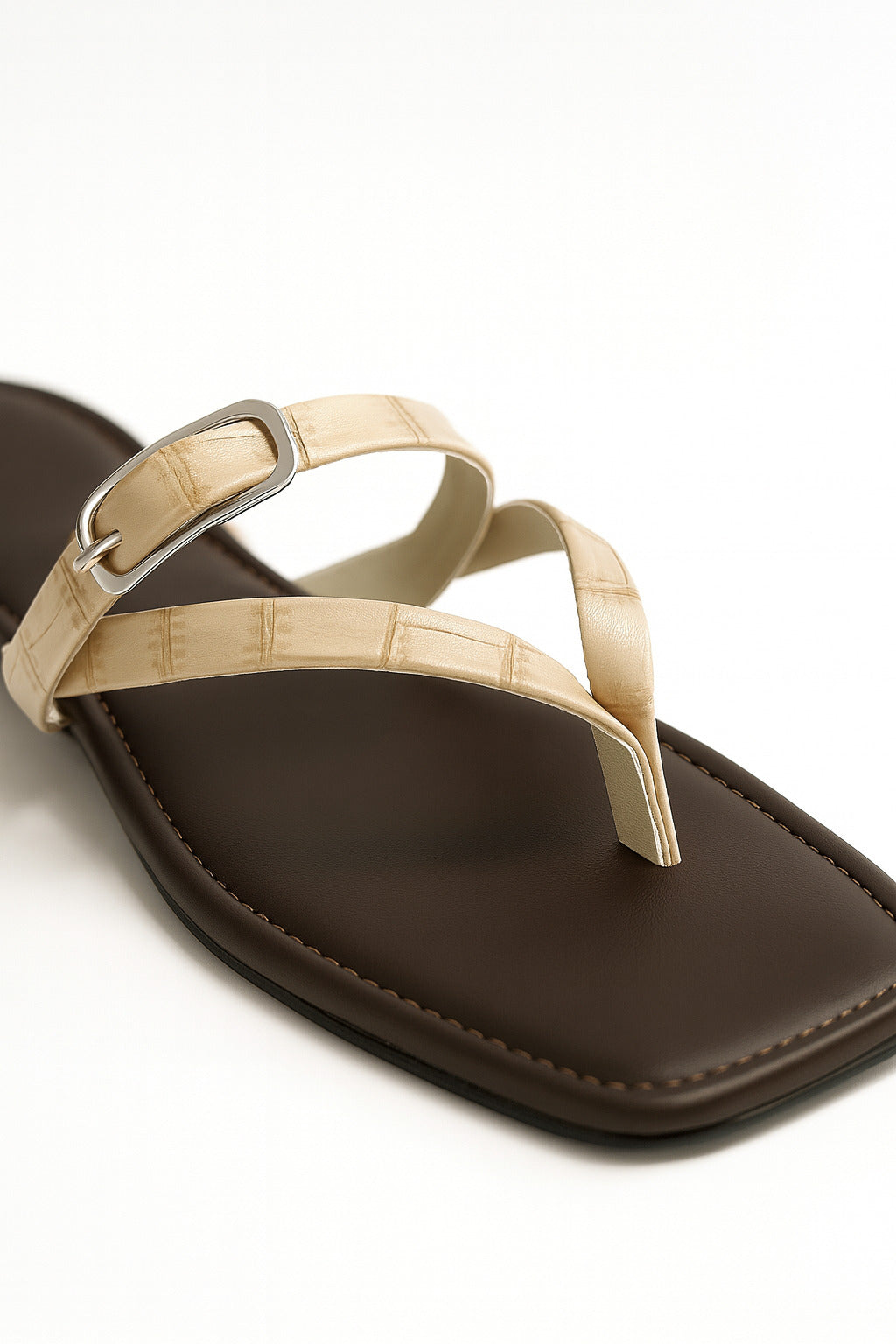 Beige Strappy Flat Sandals for Women Buckle Detail
