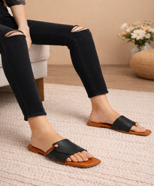 Black & Tan Dual Tone Strap Flats for Women