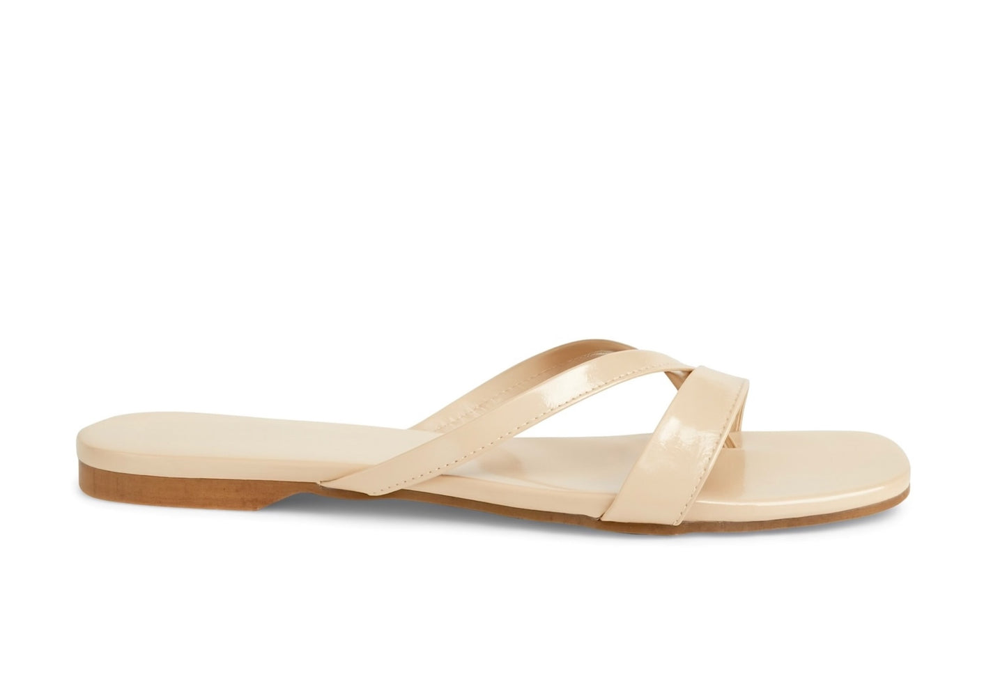 Beige Glossy Strap Square Toe Flats for Women
