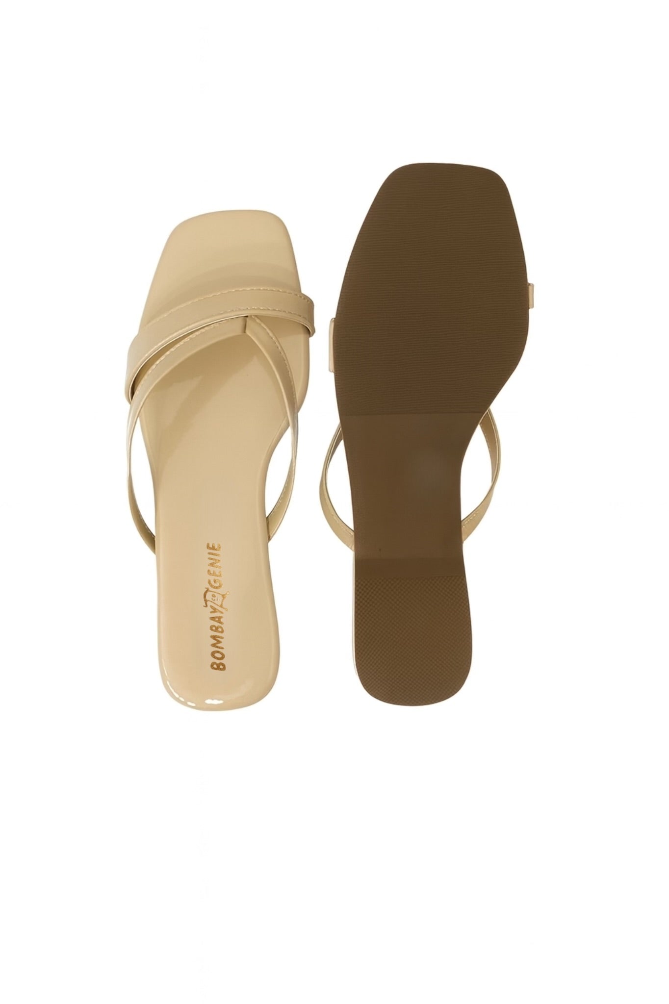 Beige Glossy Strap Square Toe Flats for Women