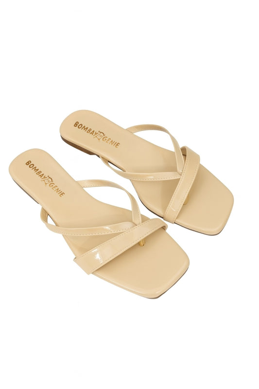 Beige Glossy Strap Square Toe Flats for Women