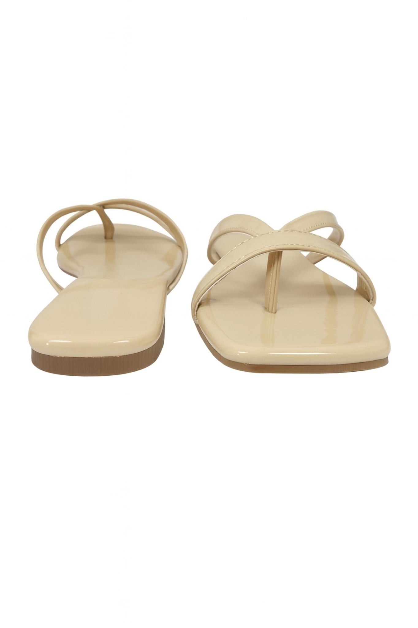 Beige Glossy Strap Square Toe Flats for Women