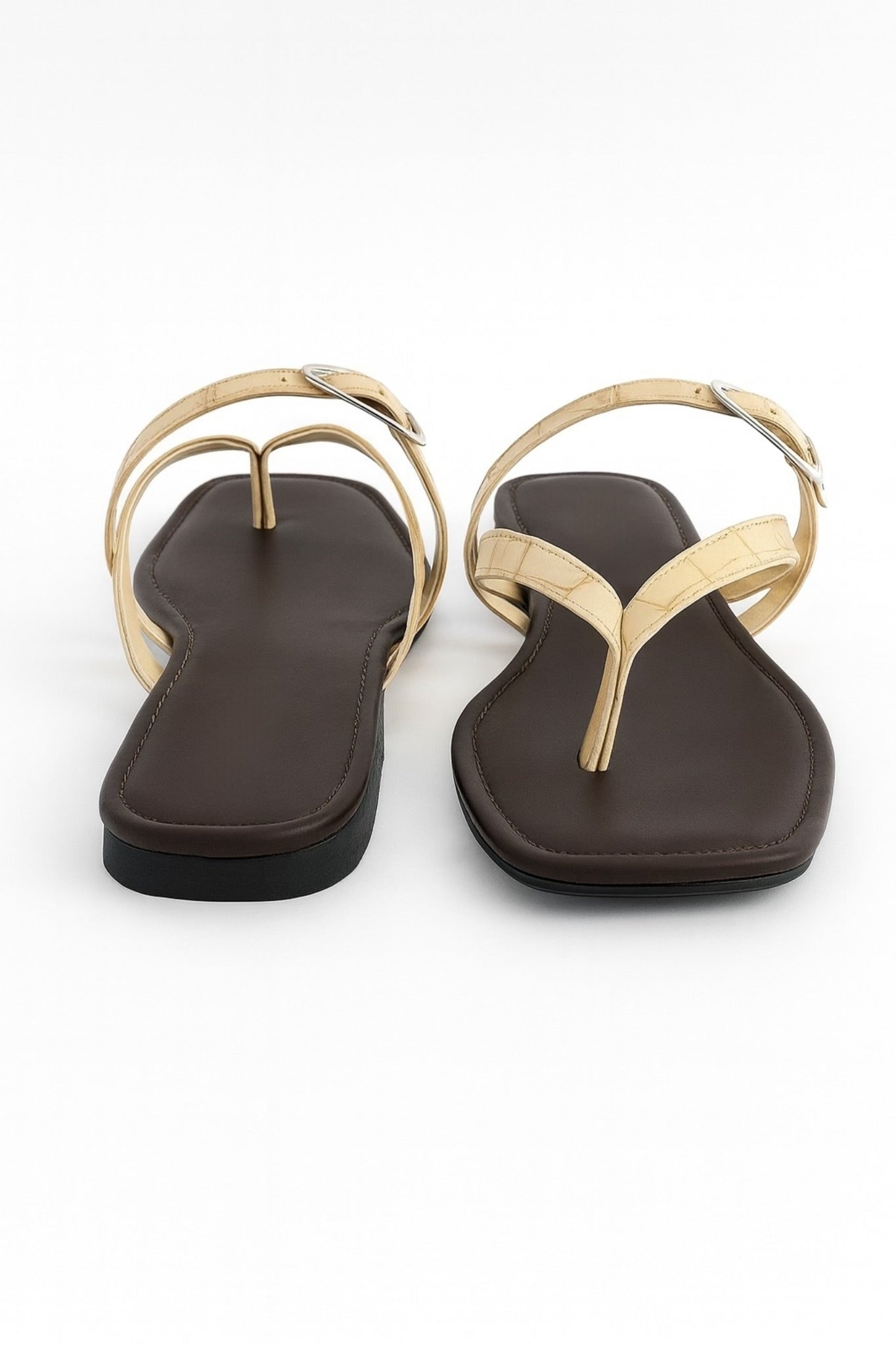 Beige Strappy Flat Sandals for Women Buckle Detail