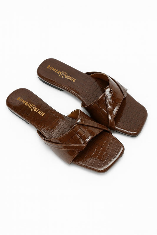 Brown Croc-Textured Slip-On Flats