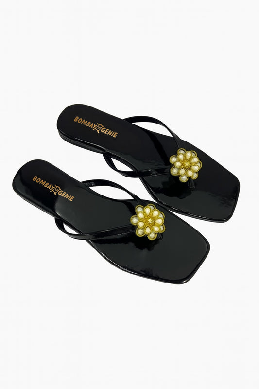 Black Floral Embellished Flats for Women