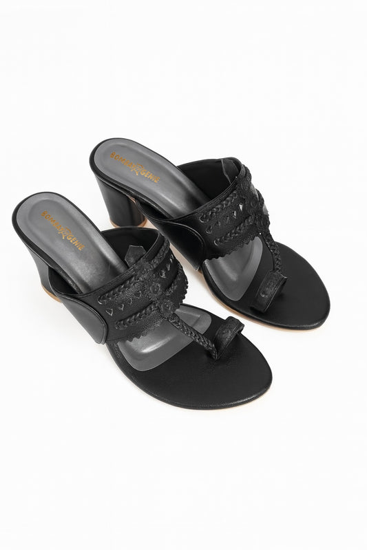 Ethnic Black Kolhapuri Heeled Sandals for Women