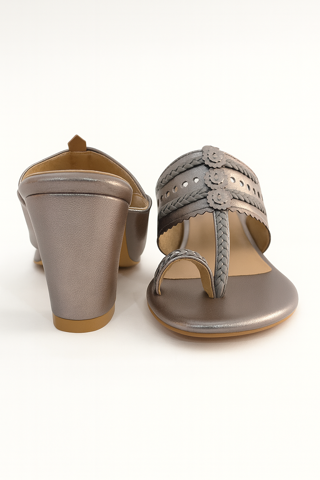 Ethnic Grey Kolhapuri Heeled Sandals for Women