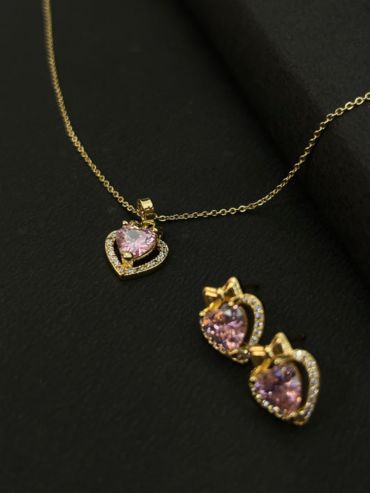 Pink Heart Necklace & Earring Set