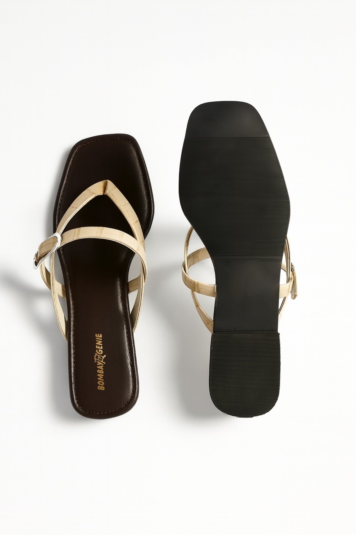 Beige Strappy Flat Sandals for Women Buckle Detail