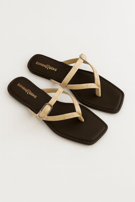Beige Strappy Flat Sandals for Women Buckle Detail