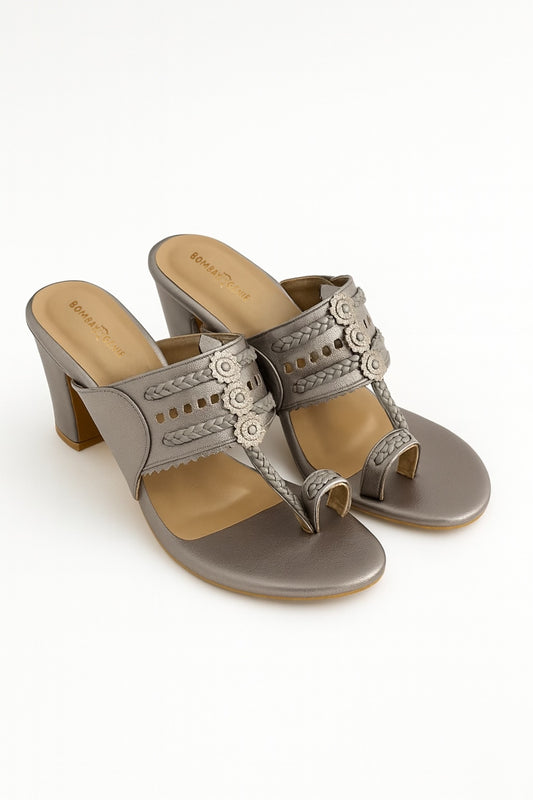 Ethnic Grey Kolhapuri Heeled Sandals for Women