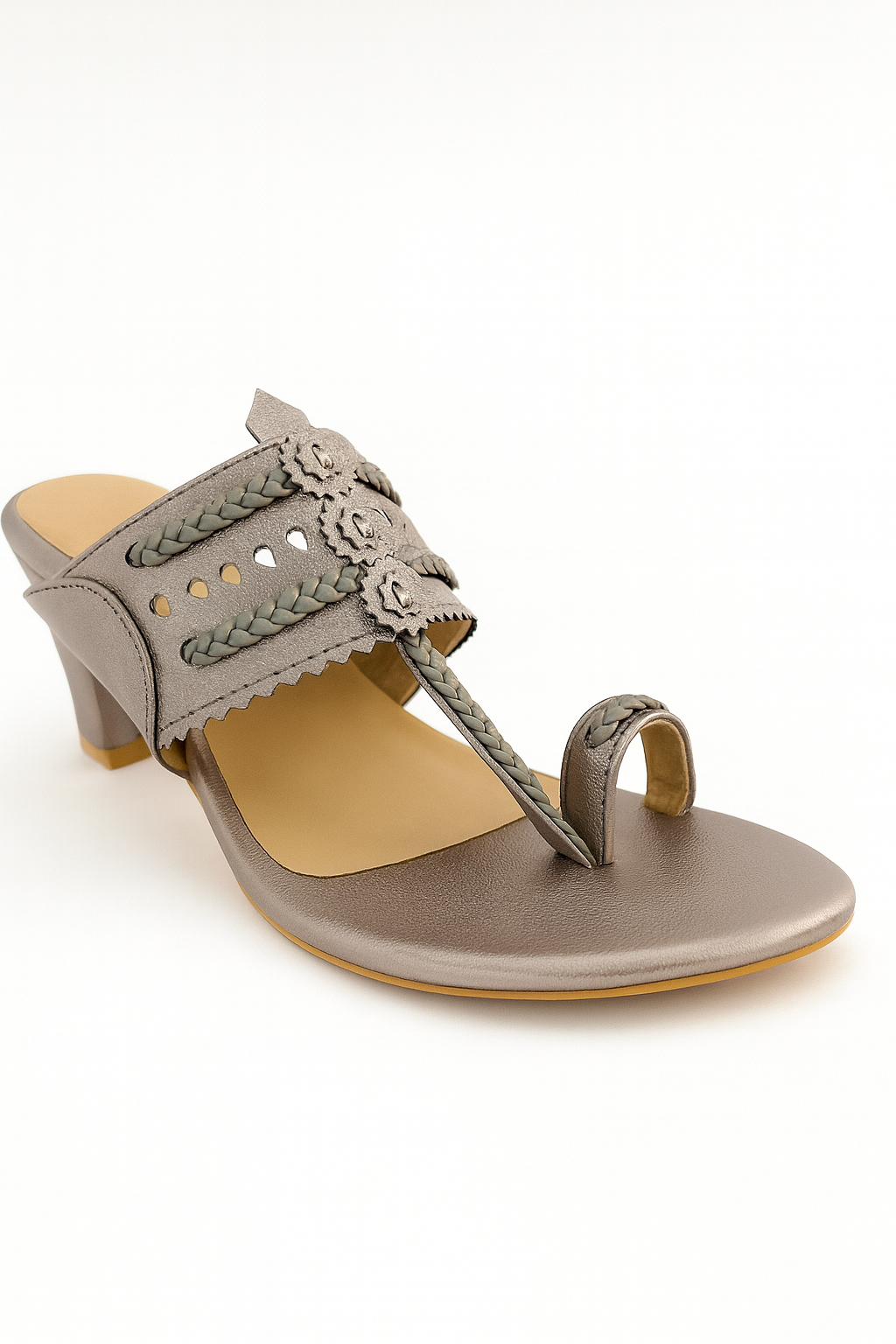 Ethnic Grey Kolhapuri Heeled Sandals for Women