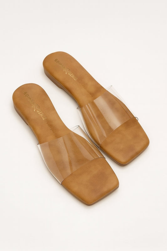 Transparent Strap Square Open Toe Flats for Women